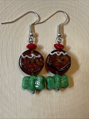 Handcrafted Glass Lampwork Gingerbread Face Drop Earrings